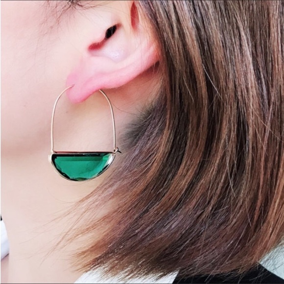 Green Glass Crescent Hoop Earrings - Picture 4 of 4